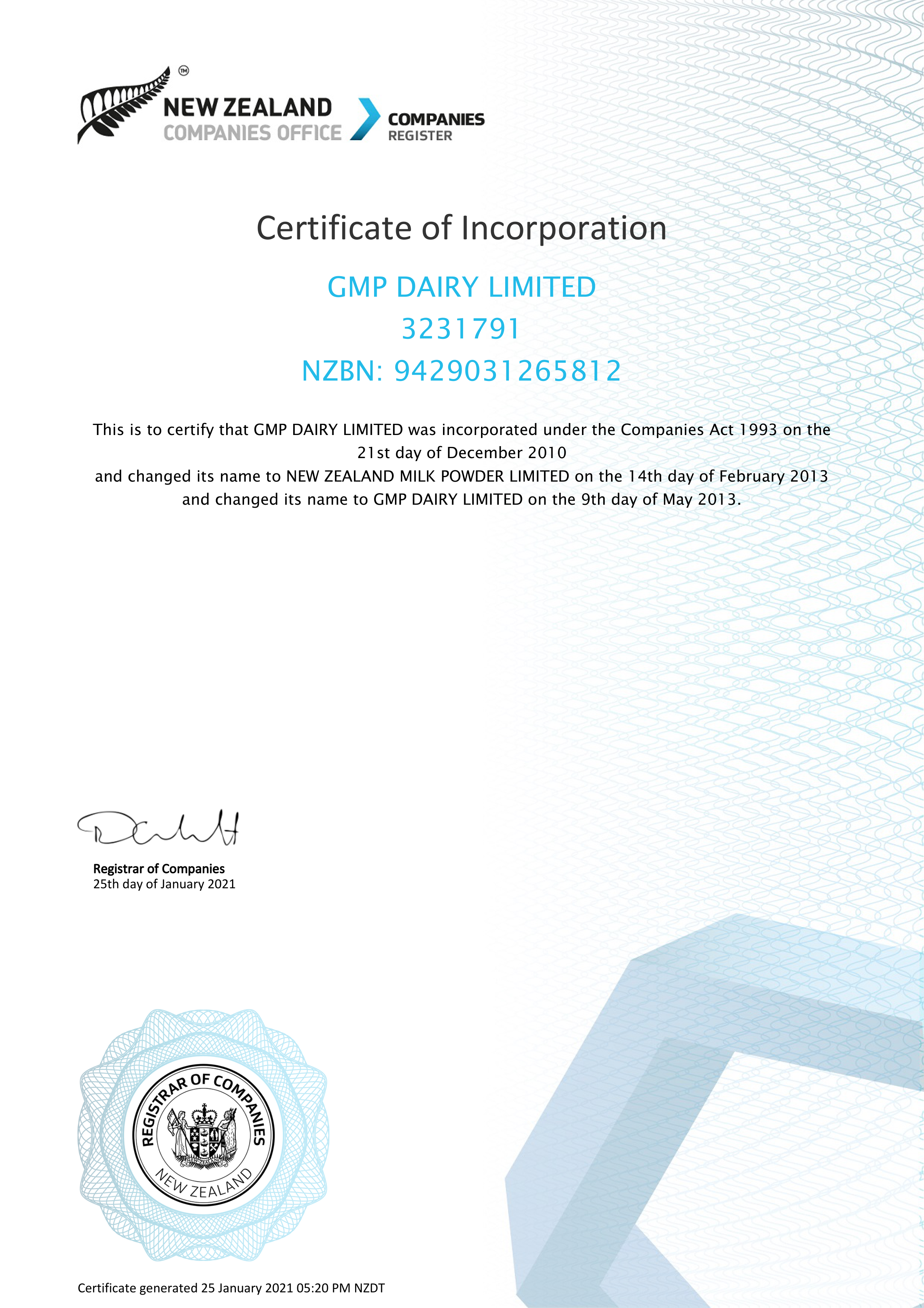 New Zealand Company Certificate