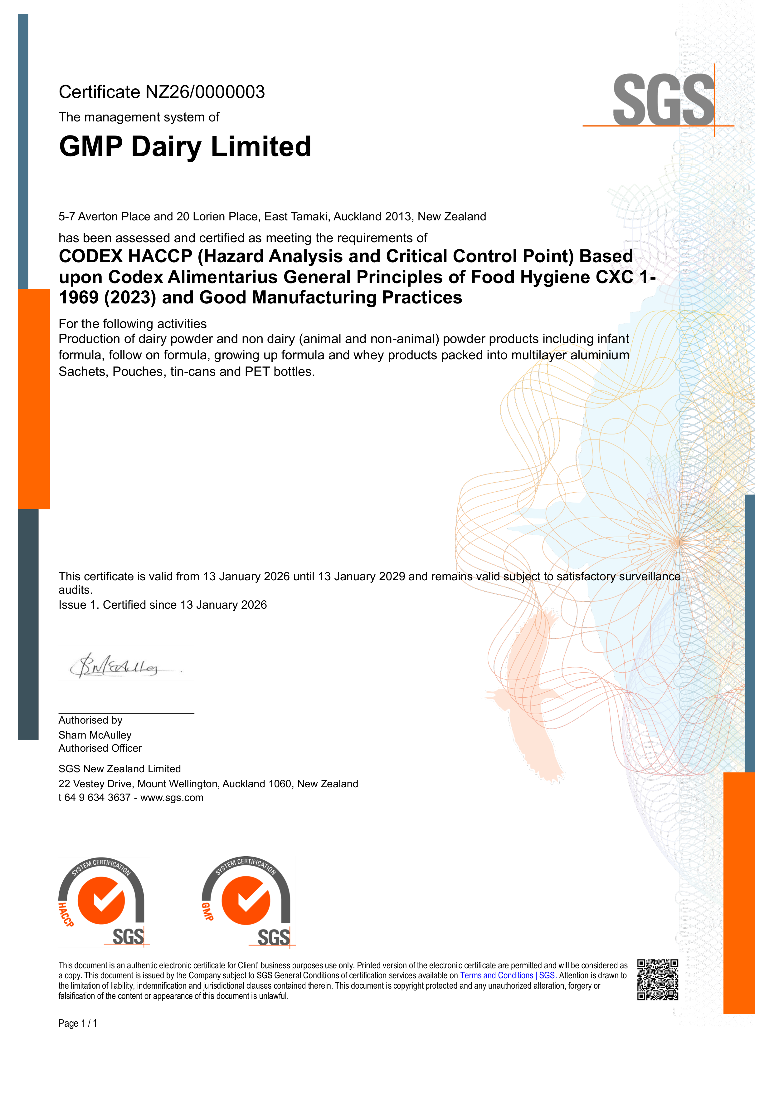 SGS CODEX HACCP and GMP Certified